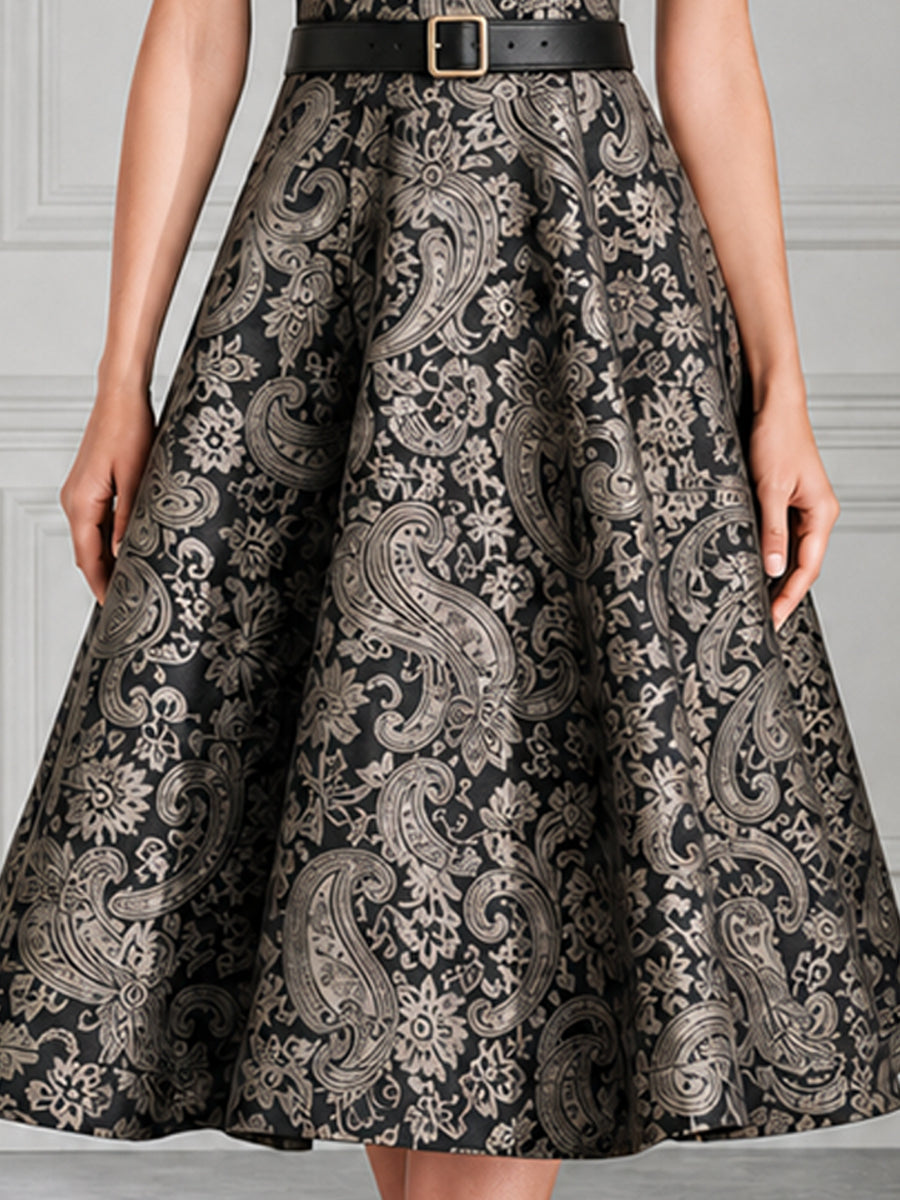 Collared Short Sleeve Paisley Jacquard Midi Dress