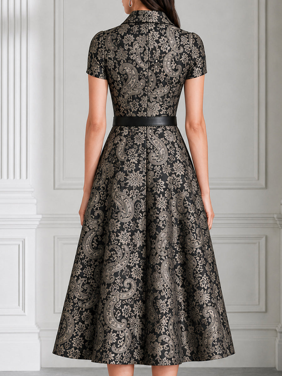 Collared Short Sleeve Paisley Jacquard Midi Dress