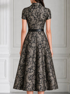 Collared Short Sleeve Paisley Jacquard Midi Dress