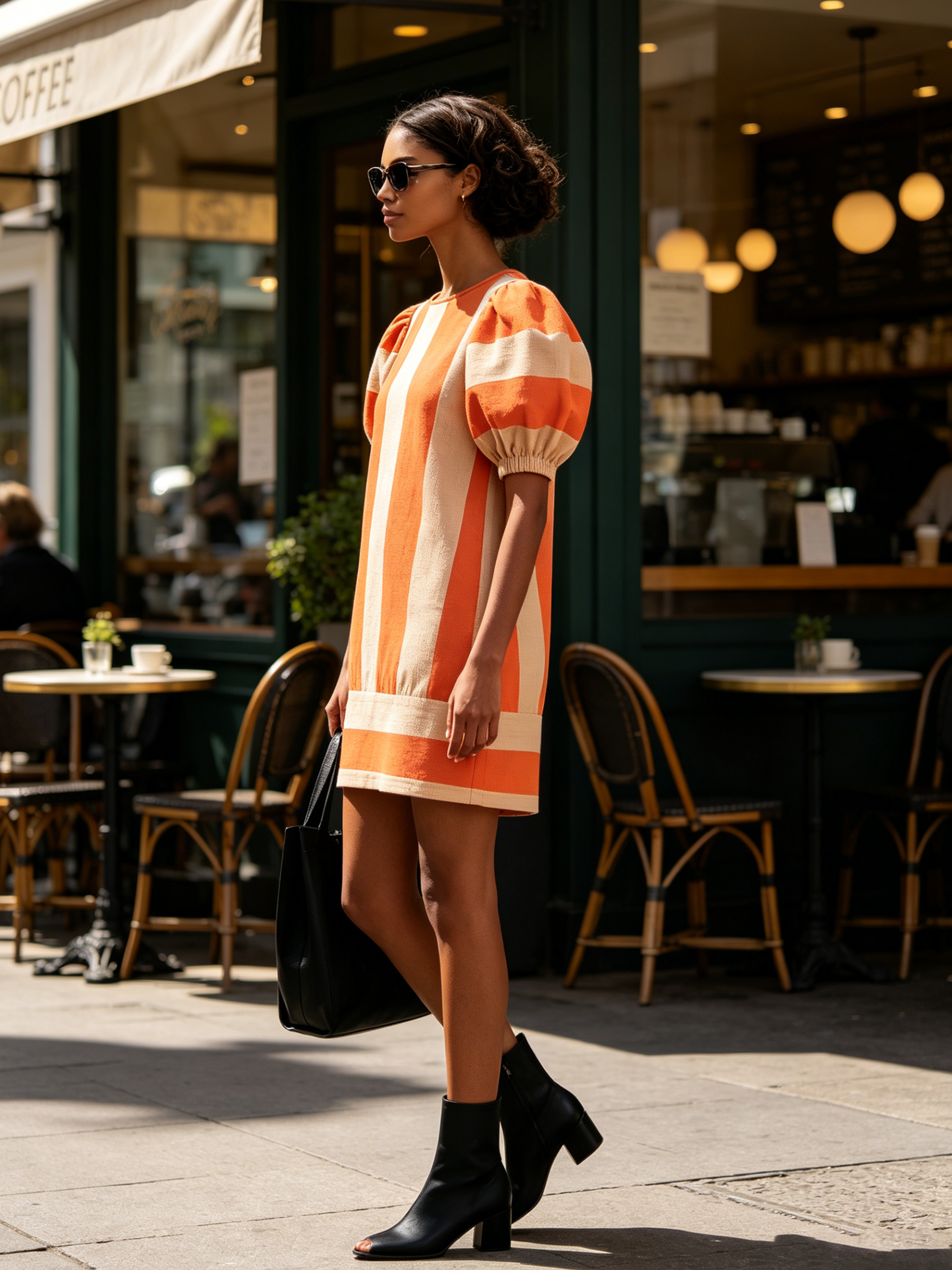 Orange & Beige Vertical Stripe Mini Shift Dress Puff Elastic Cuff Short Sleeves