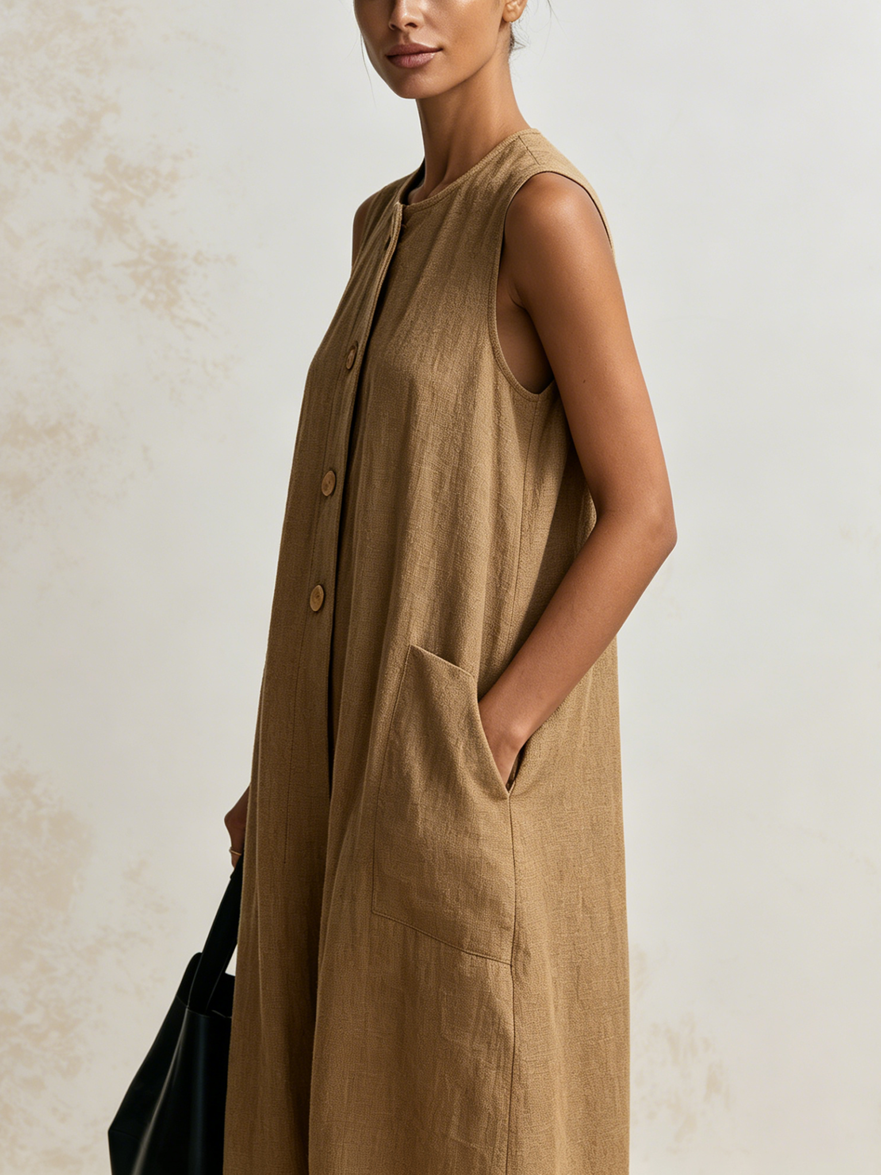 Neutral Khaki Sleeveless Linen Wide-Leg Jumpsuit Round Neck Wooden Button Front Oversized Side Pocket Casual Overall