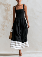 Black Square Neck Stripe Hem Wide-Leg Culotte Jumpsuit