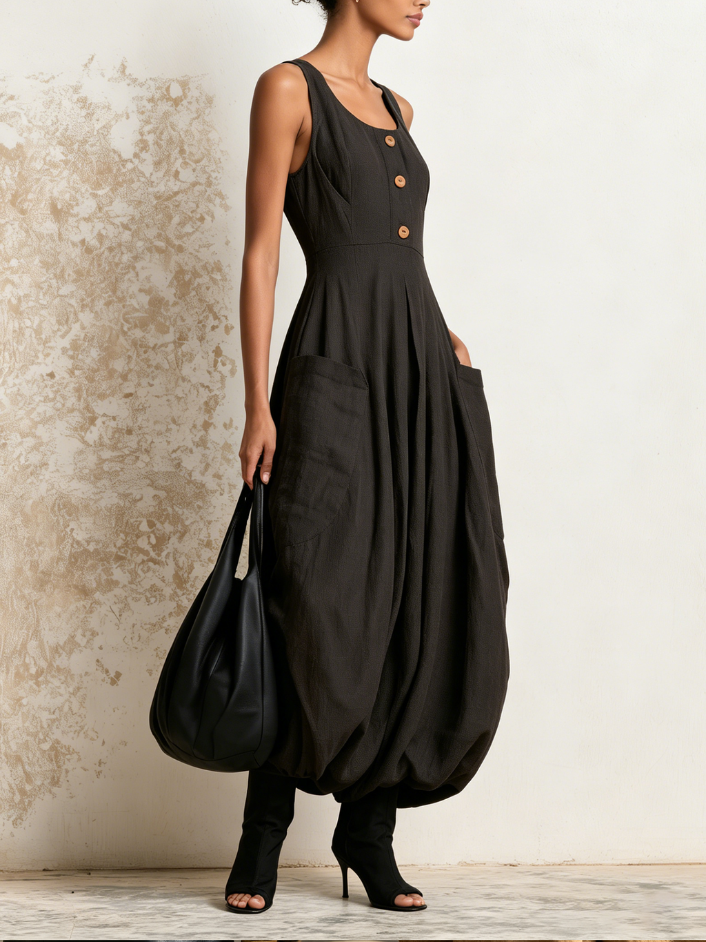 Minimalist Black Sleeveless Balloon Midi Dress Square Neck Wooden Button Front Big Side Pocket Linen Blend Dress