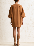 Rust Gathered Neck Utility Shirt Mini Dress