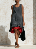 Two-Tier Sleeveless Raw Edge Midi Dress Scoop Neck Layered Ruffle Hem Lightweight Casual Summer Dress