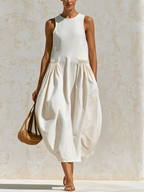 Off White Sleeveless Gathered Bubble Midi Dress