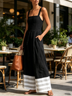 Black Square Neck Stripe Hem Wide-Leg Culotte Jumpsuit