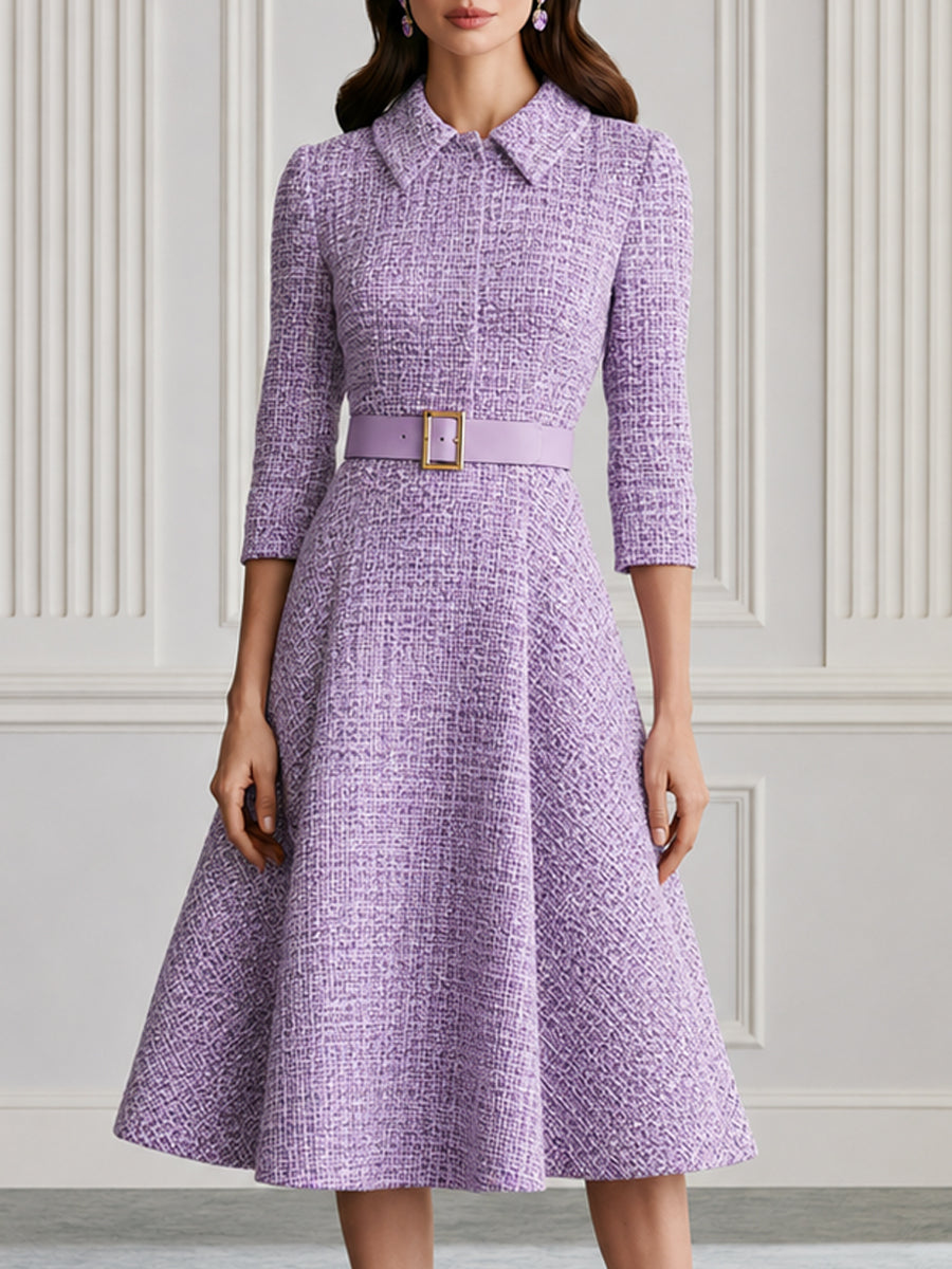 Premium Tweed Collared 3/4 Sleeve A-Line Midi Dress
