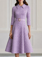 Premium Tweed Collared 3/4 Sleeve A-Line Midi Dress