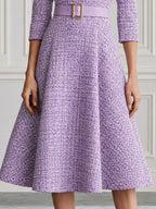 Premium Tweed Collared 3/4 Sleeve A-Line Midi Dress