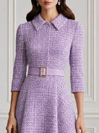 Premium Tweed Collared 3/4 Sleeve A-Line Midi Dress