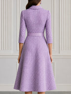 Premium Tweed Collared 3/4 Sleeve A-Line Midi Dress