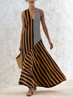 Color Block Striped Sleeveless V-Neck Maxi Dress Asymmetrical Flowy Summer Vacation Dress