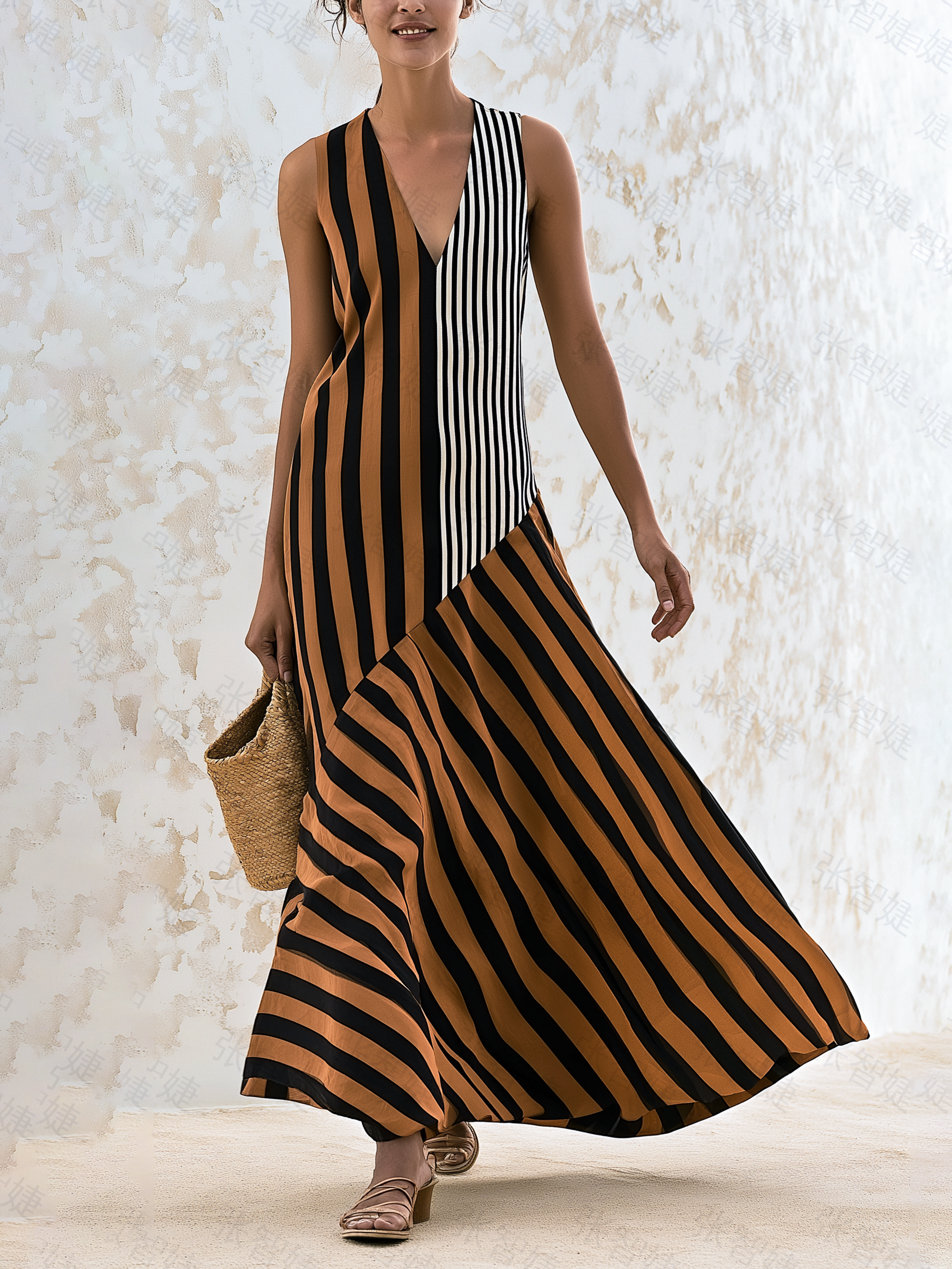 Color Block Striped Sleeveless V-Neck Maxi Dress Asymmetrical Flowy Summer Vacation Dress