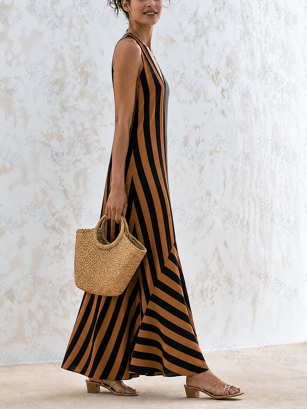 Color Block Striped Sleeveless V-Neck Maxi Dress Asymmetrical Flowy Summer Vacation Dress