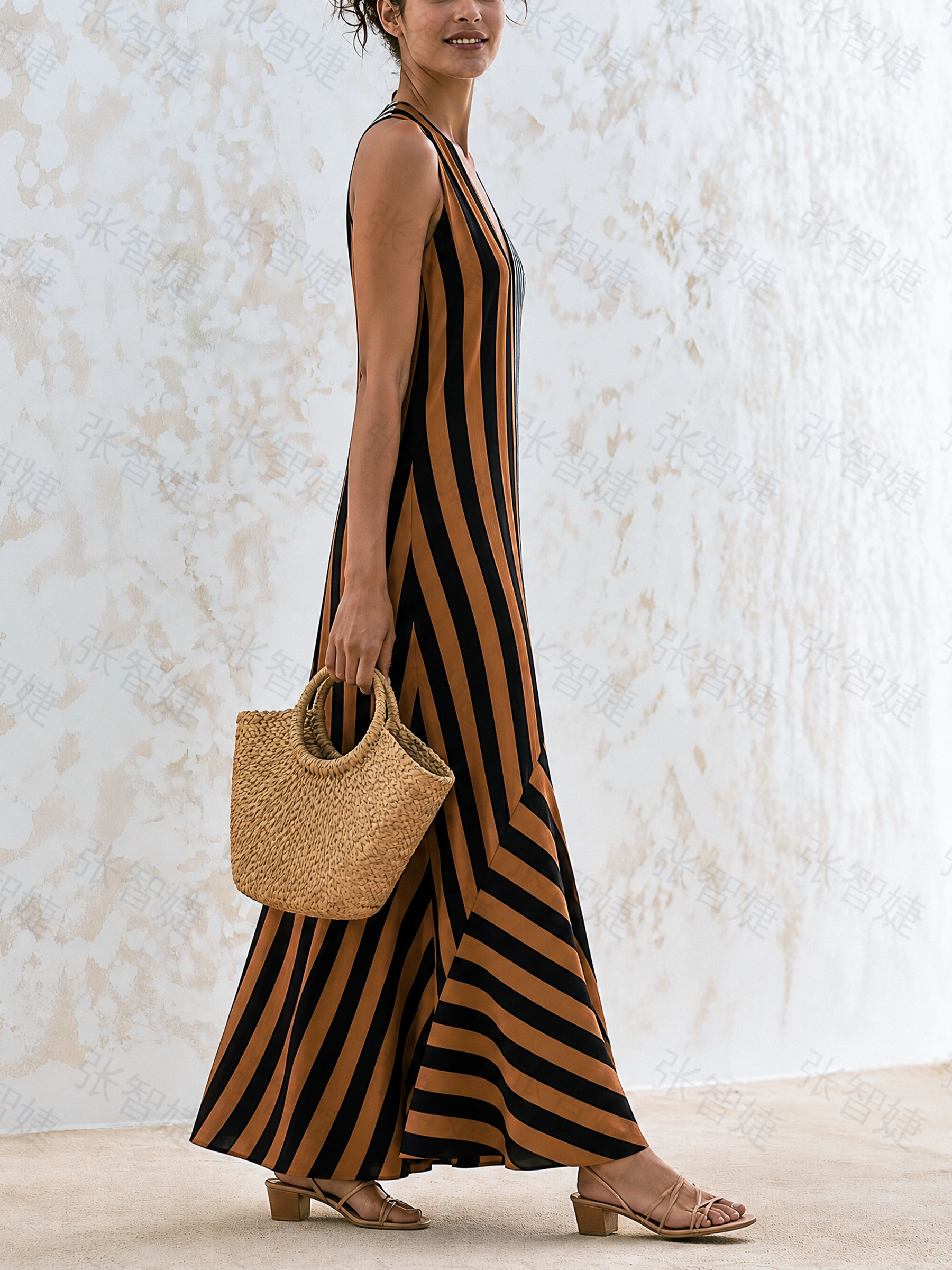 Color Block Striped Sleeveless V-Neck Maxi Dress Asymmetrical Flowy Summer Vacation Dress