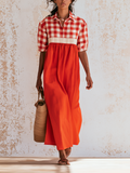 Red White Gingham Patchwork Linen Midi Shirt Dress Collar Half Sleeve Solid Orange Loose Vacation Maxi Dress