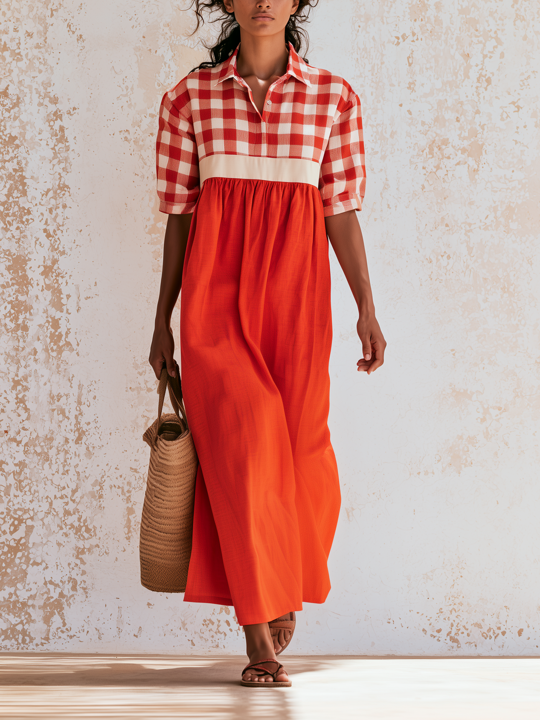 Red White Gingham Patchwork Linen Midi Shirt Dress Collar Half Sleeve Solid Orange Loose Vacation Maxi Dress
