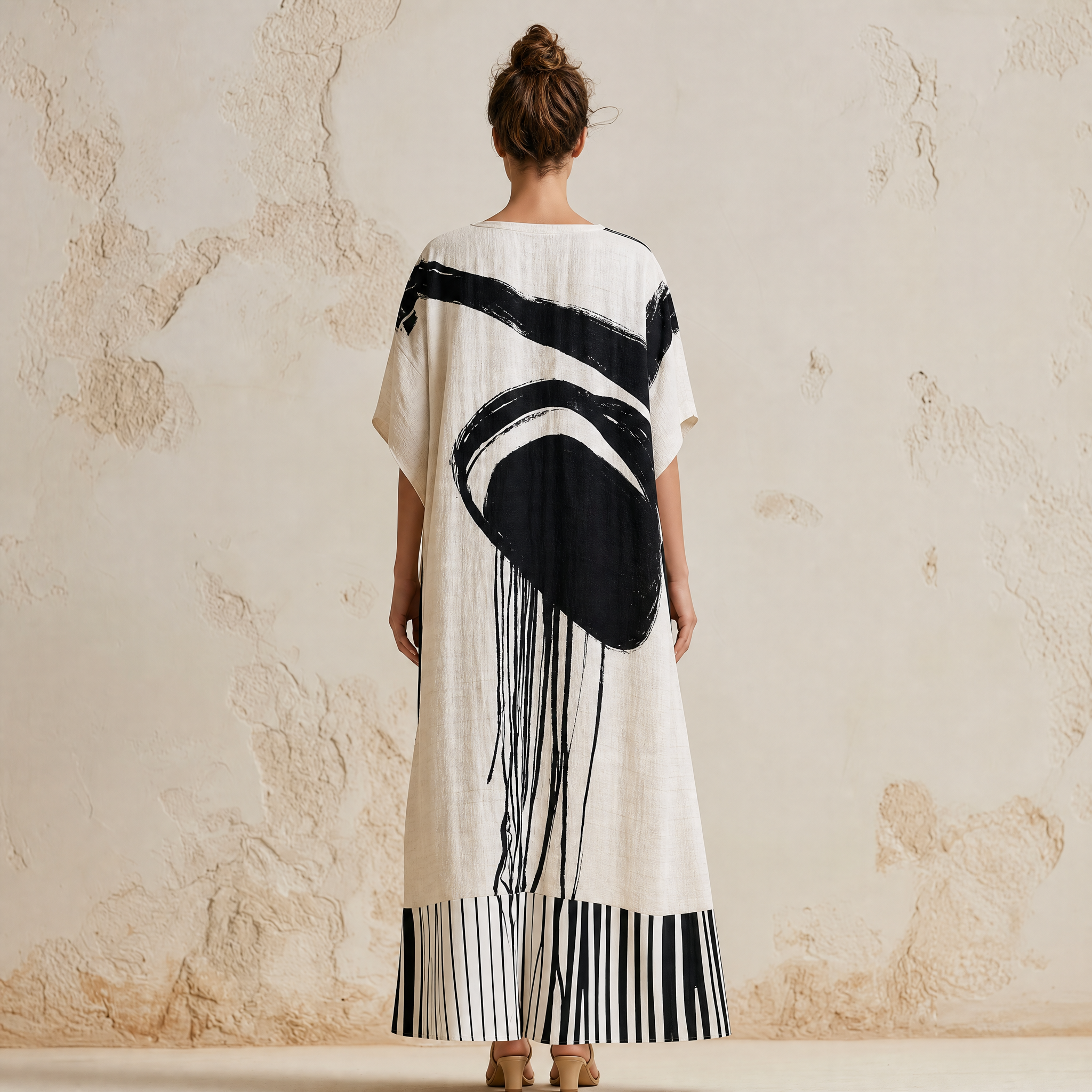 Abstract Brushstroke Print Linen Kaftan Maxi Dress