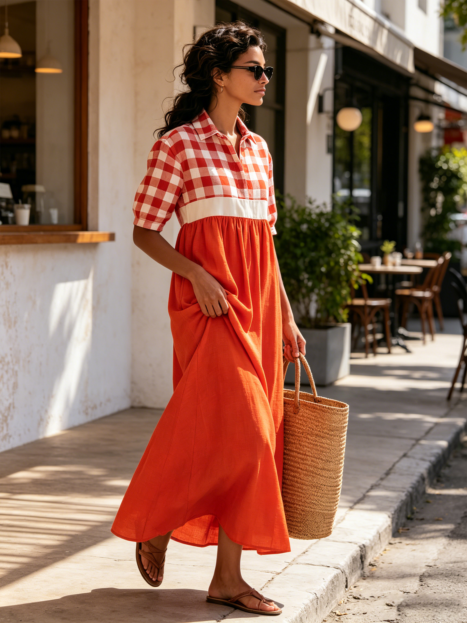 Red White Gingham Patchwork Linen Midi Shirt Dress Collar Half Sleeve Solid Orange Loose Vacation Maxi Dress
