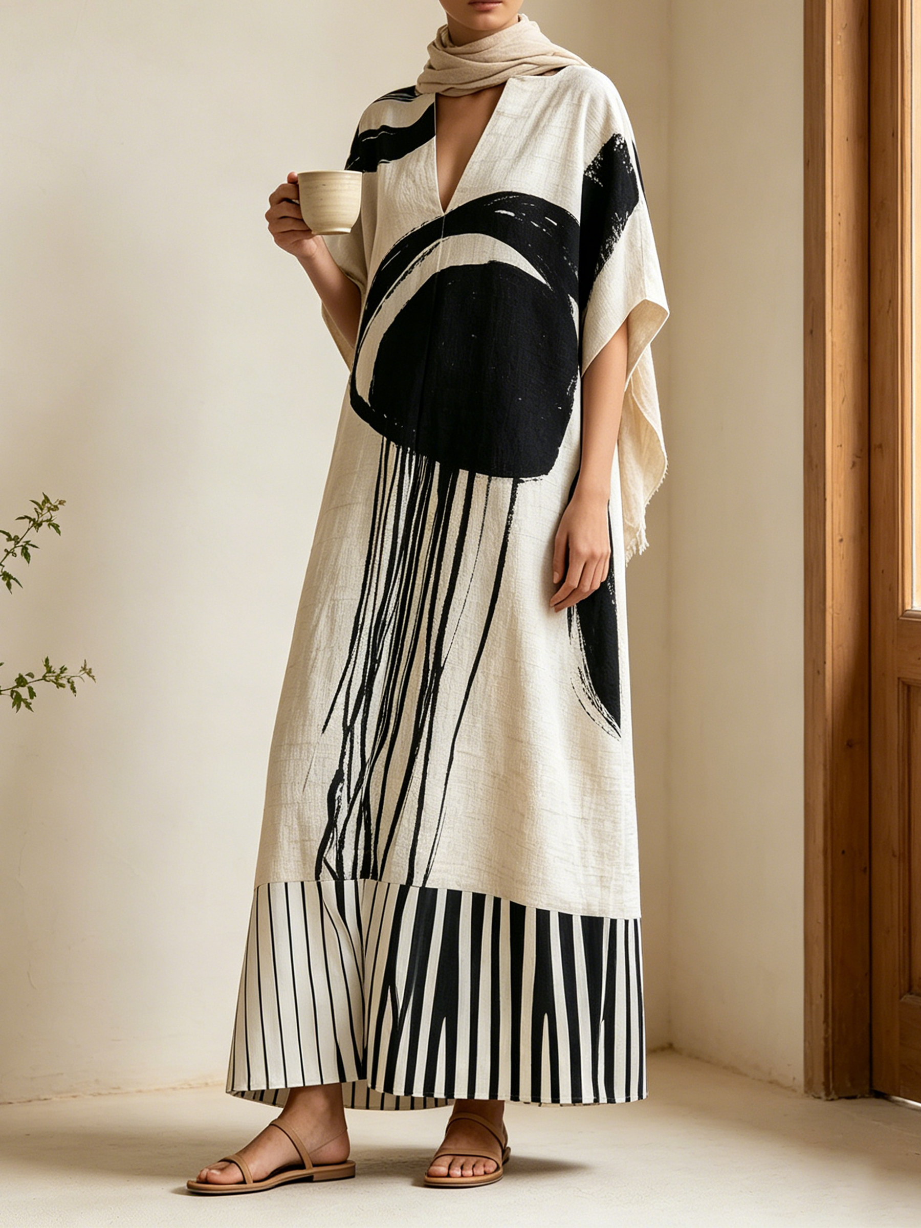 Abstract Brushstroke Print Linen Kaftan Maxi Dress