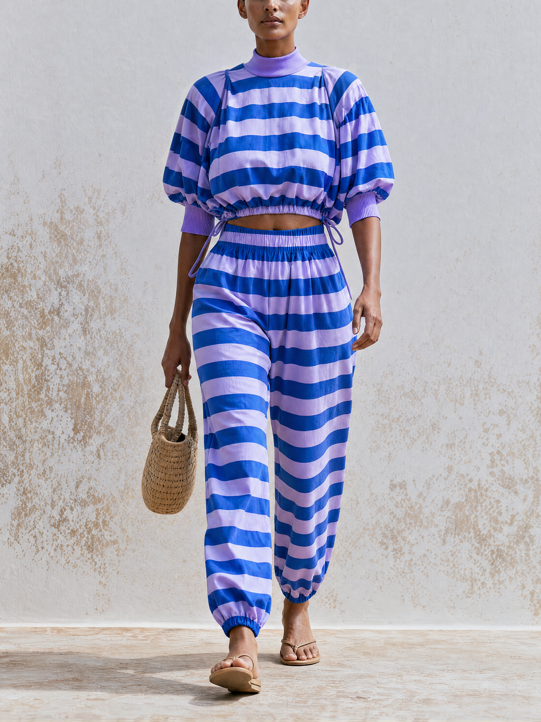 Machine Washable Stripe Two Piece Outfit, Mock Neck Puff Sleeve Crop Top & Elastic Jogger Pants Matching Set