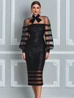 Sheer Bow Neck Sequin Midi Dress