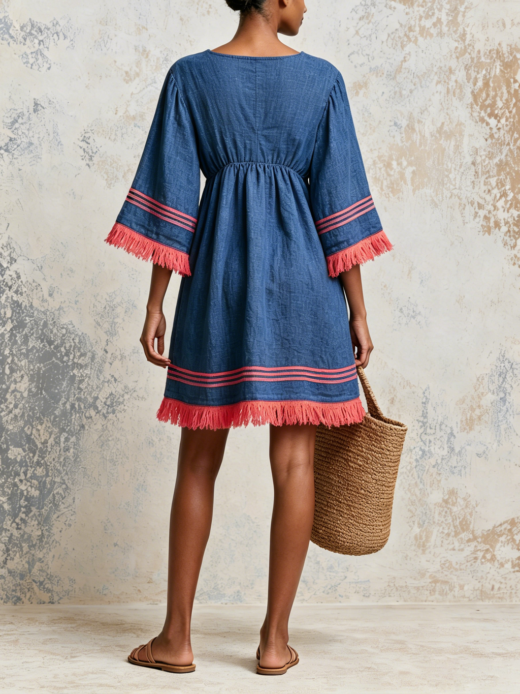 100% Linen Cotton V-Neck Mini Tunic Dress | Flare 3/4 Sleeve Coral Fringe Hem