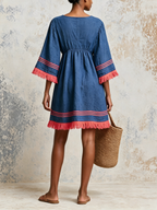 100% Linen Cotton V-Neck Mini Tunic Dress | Flare 3/4 Sleeve Coral Fringe Hem