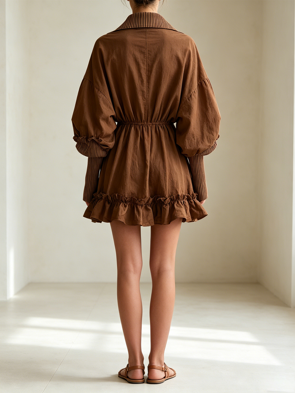 Brown Contrast Stripe Cuff Utility Shirt Mini Dress