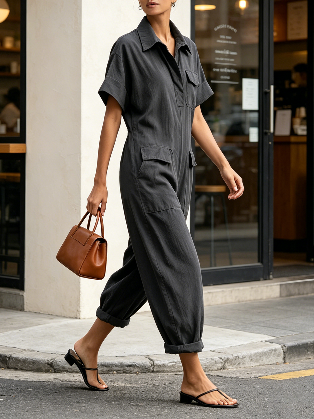 Dark Grey Short Sleeve Cargo Utility Jumpsuit
