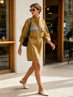 Olive Contrast Stripe Pocket Tunic Shirt Mini Dress