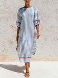 Blue & White Vertical Stripe Midi Shift Dress With Red Contrast Trim