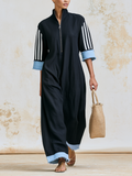 Black Stand Collar Zip Front Striped Sleeve Wide Leg Linen Jumpsuit With Denim Fringe Cuffs