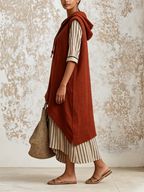 Rust Hooded Sleeveless Linen Midi Dress With Striped Contrast Cuffs & Asymmetrical Spliced Hem
