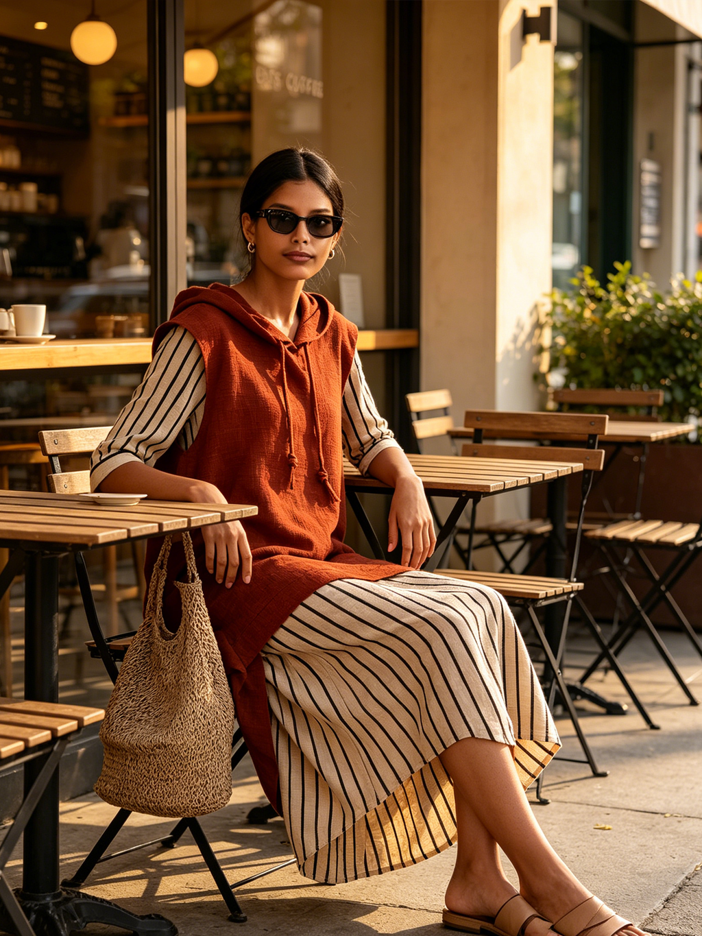 Rust Hooded Sleeveless Linen Midi Dress With Striped Contrast Cuffs & Asymmetrical Spliced Hem