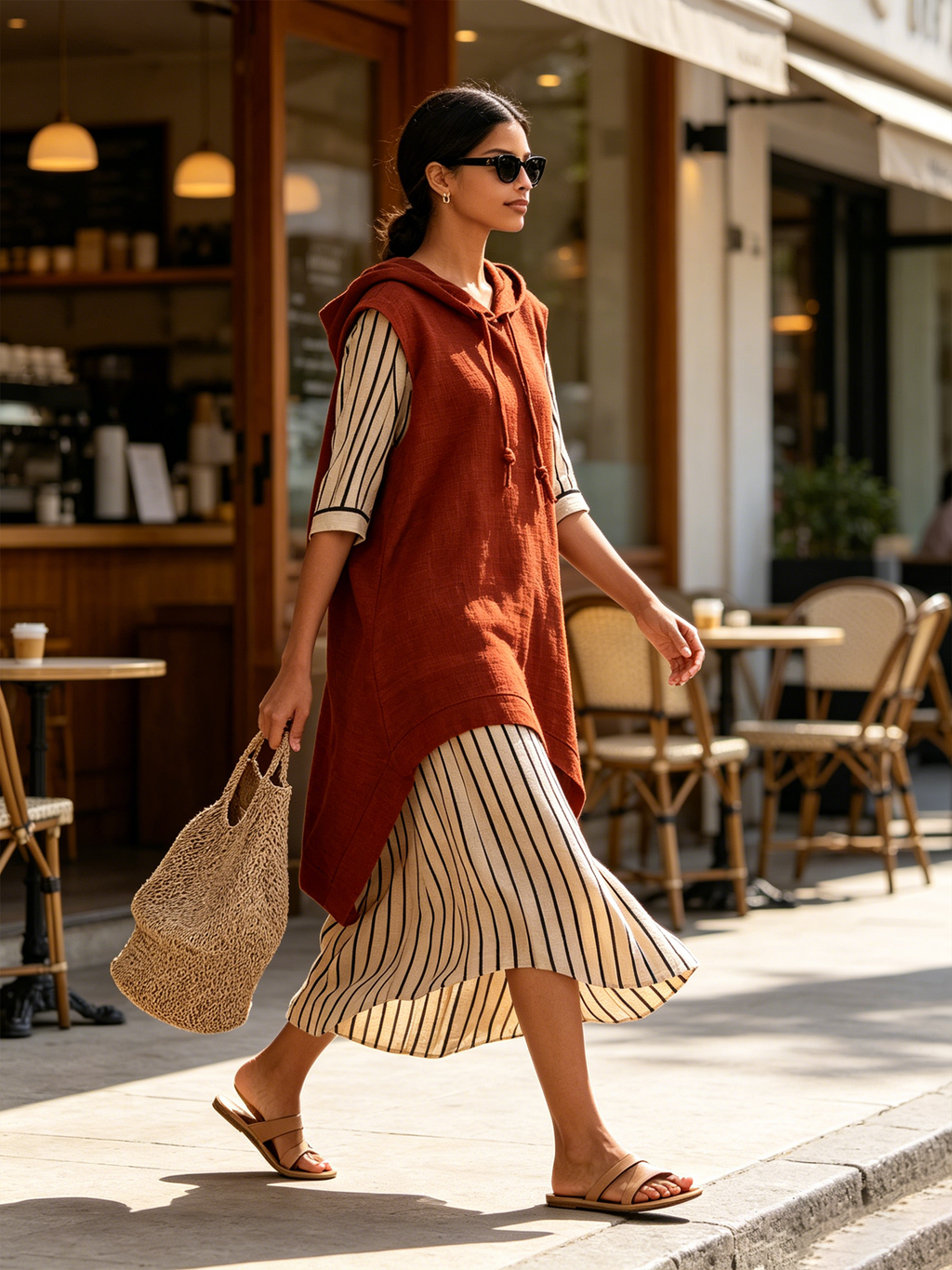 Rust Hooded Sleeveless Linen Midi Dress With Striped Contrast Cuffs & Asymmetrical Spliced Hem
