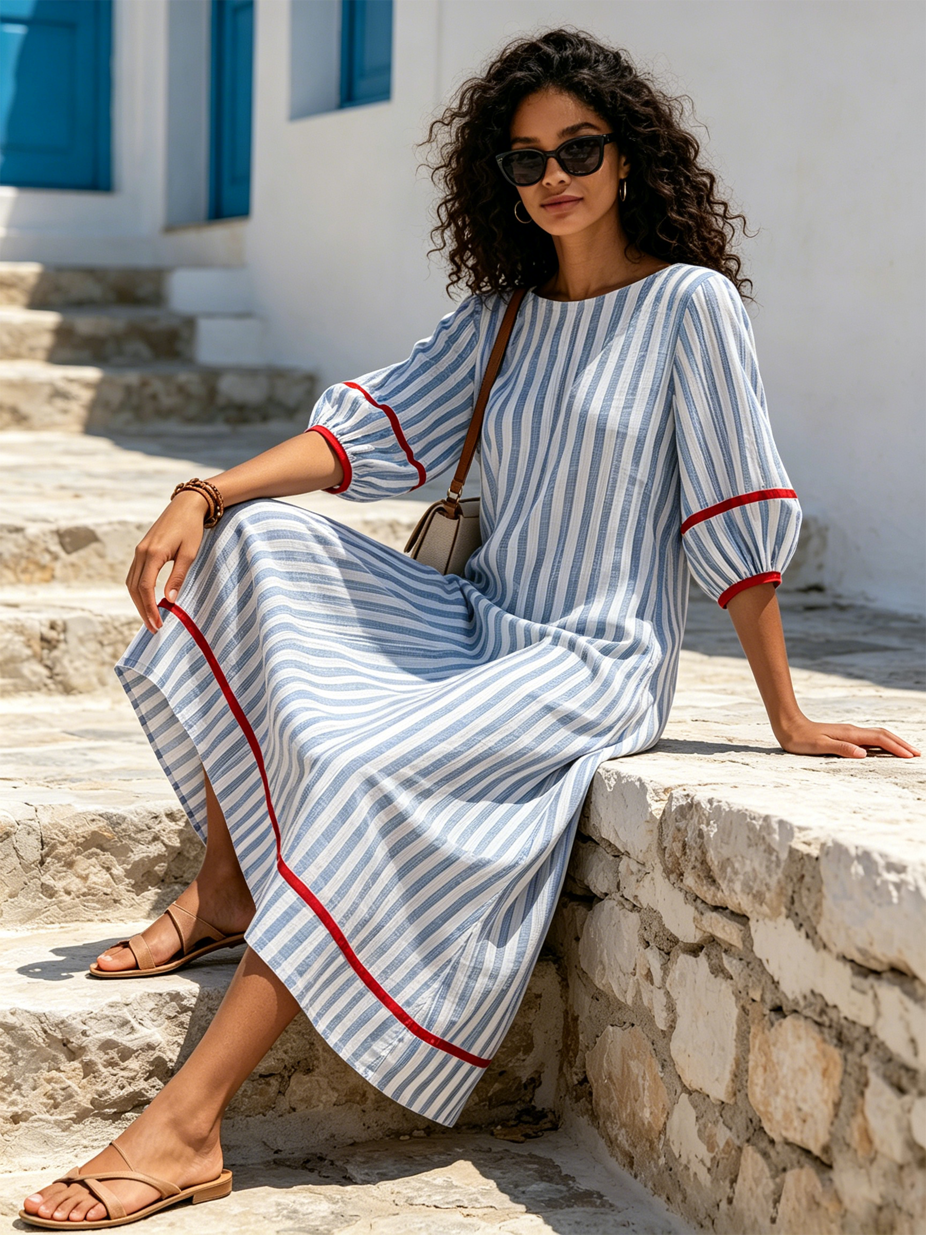 Blue & White Vertical Stripe Midi Shift Dress With Red Contrast Trim