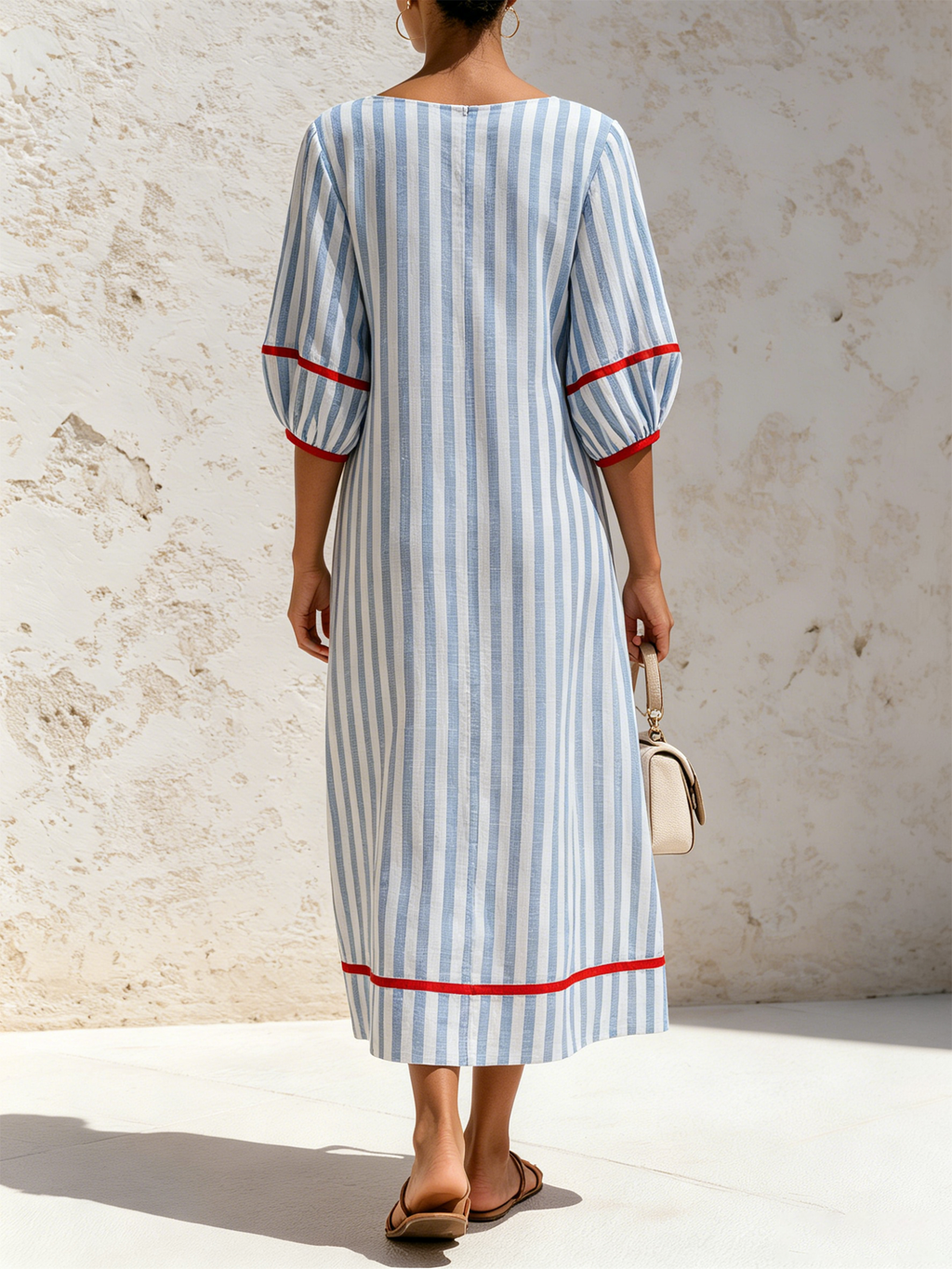 Blue & White Vertical Stripe Midi Shift Dress With Red Contrast Trim