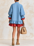 Blue Layered Red Ruffle Mini Tunic Dress