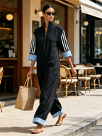 Black Stand Collar Zip Front Striped Sleeve Wide Leg Linen Jumpsuit With Denim Fringe Cuffs