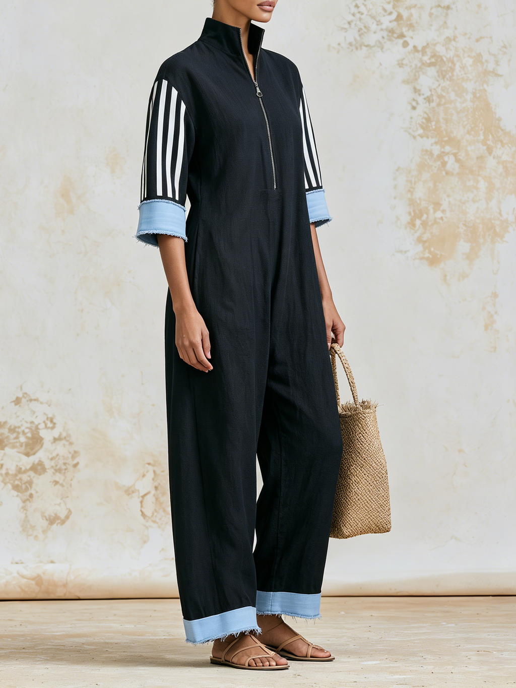 Black Stand Collar Zip Front Striped Sleeve Wide Leg Linen Jumpsuit With Denim Fringe Cuffs