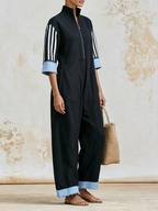 Black Stand Collar Zip Front Striped Sleeve Wide Leg Linen Jumpsuit With Denim Fringe Cuffs