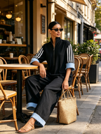 Black Stand Collar Zip Front Striped Sleeve Wide Leg Linen Jumpsuit With Denim Fringe Cuffs