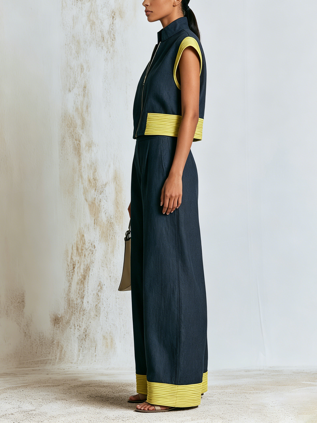Dark Woven Stand Collar Zip Sleeveless Vest & Wide Leg Pants 2-Piece Set With Yellow Thin Stripe Color Block Trim