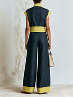 Dark Woven Stand Collar Zip Sleeveless Vest & Wide Leg Pants 2-Piece Set With Yellow Thin Stripe Color Block Trim