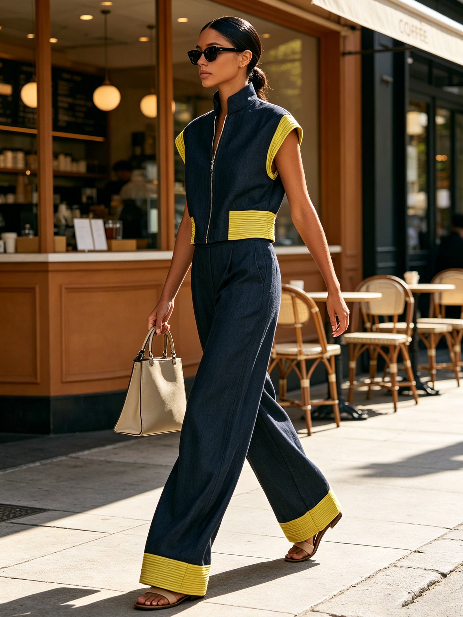 Dark Woven Stand Collar Zip Sleeveless Vest & Wide Leg Pants 2-Piece Set With Yellow Thin Stripe Color Block Trim
