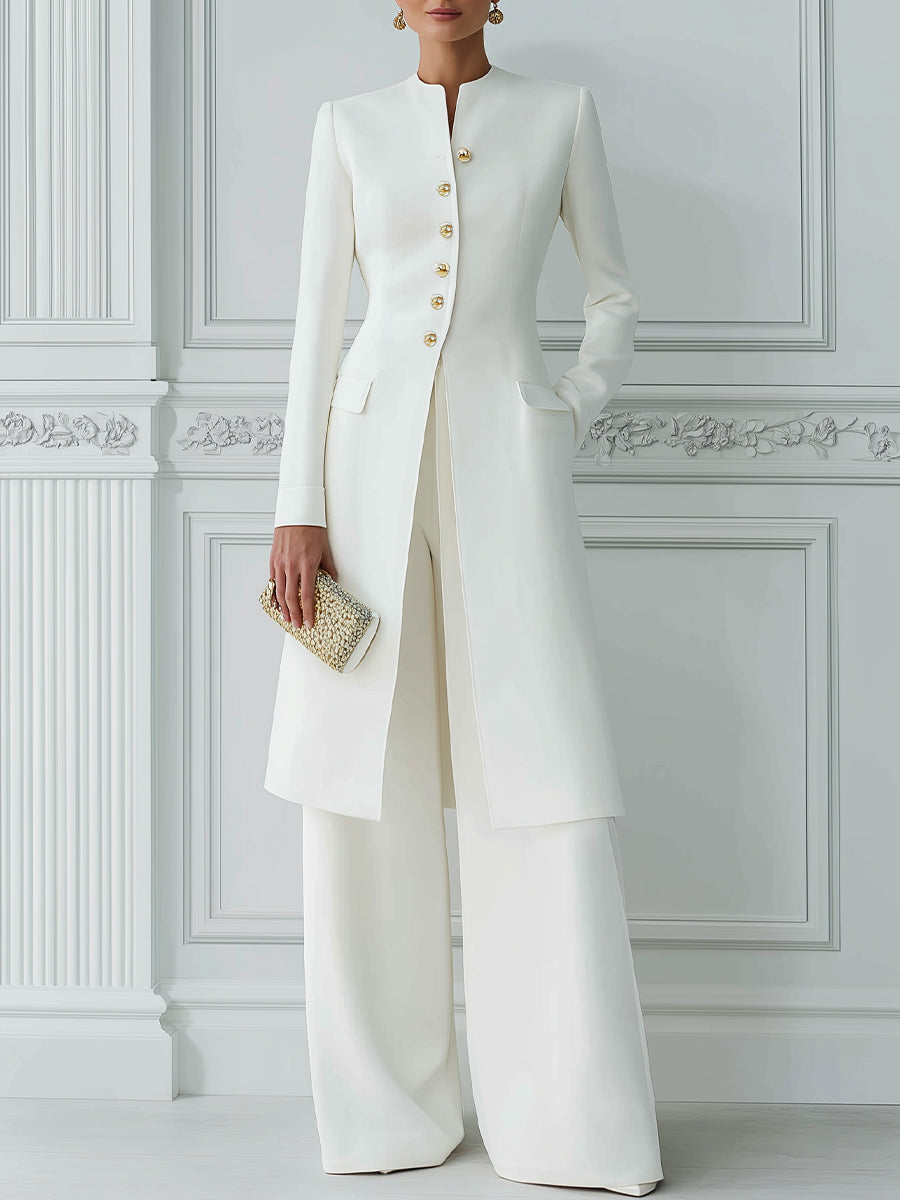 Stand Collar Gold Button Longline Blazer & Wide-Leg Pants Two-Piece Suit Set