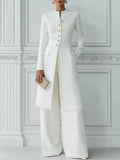 Stand Collar Gold Button Longline Blazer & Wide-Leg Pants Two-Piece Suit Set