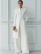 Stand Collar Gold Button Longline Blazer & Wide-Leg Pants Two-Piece Suit Set